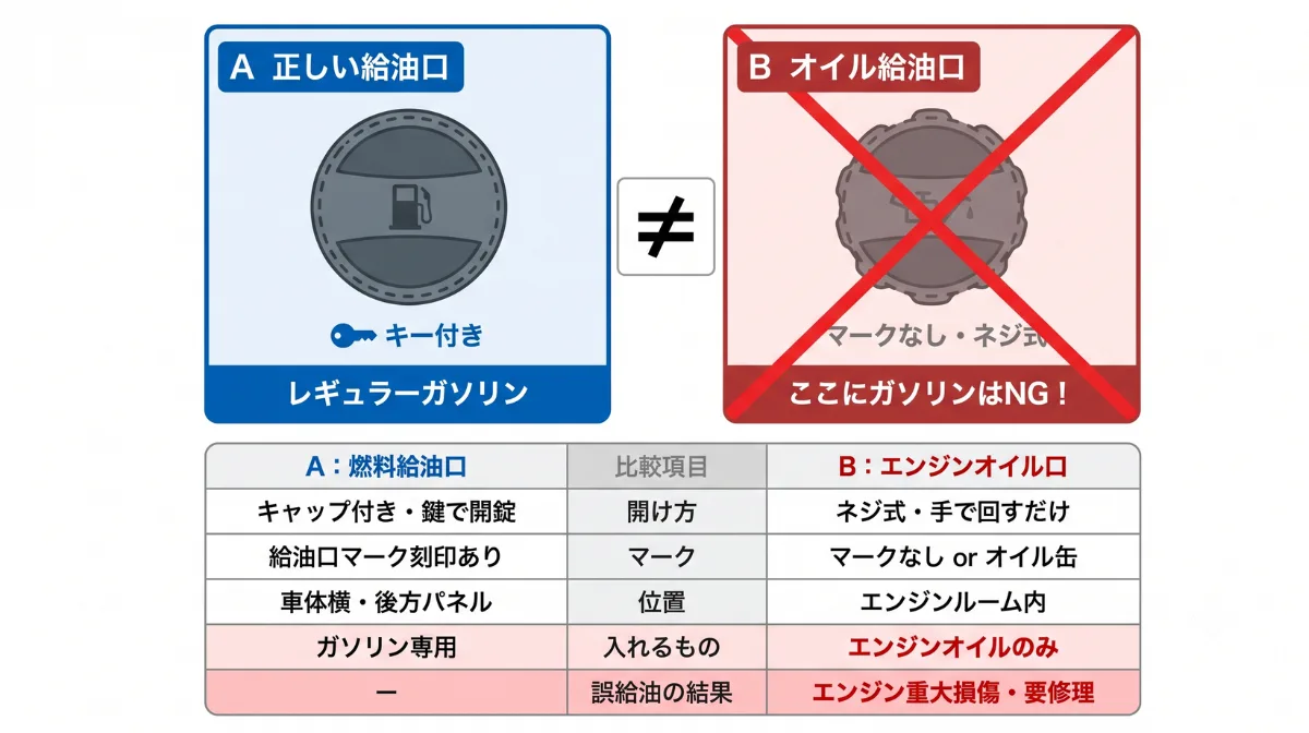 注意：エンジンオイル給油口との混同に注意