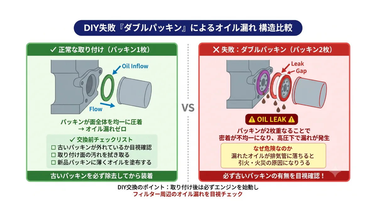 失敗② 「ダブルパッキン」によるオイル漏れ