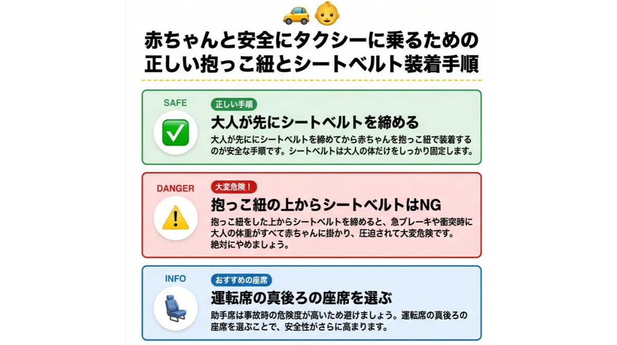 赤ちゃんと安全にタクシーに乗るための正しい抱っこ紐とシートベルトの装着手順