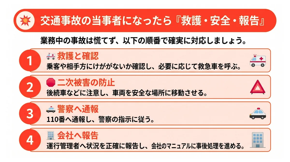 交通事故の当事者になったら、救護と安全確保、報告を最優先する