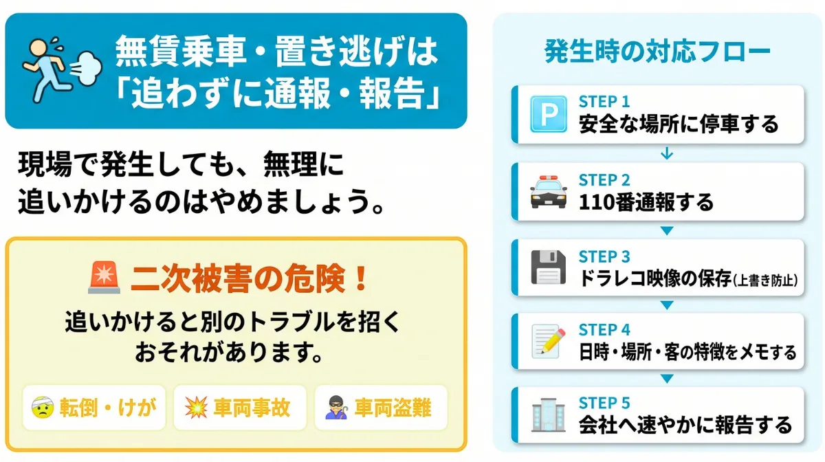 無賃乗車や置き逃げは、追いかけずに警察と会社へ連絡する