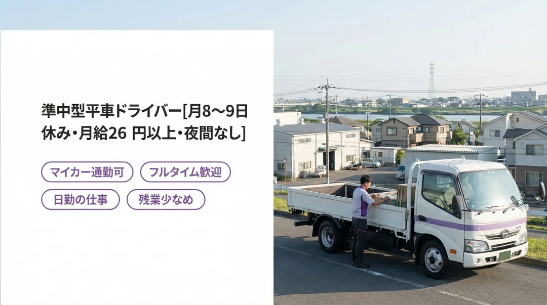 準中型平車ドライバー[月8~9日休み・月給26万円以上・夜間なし]