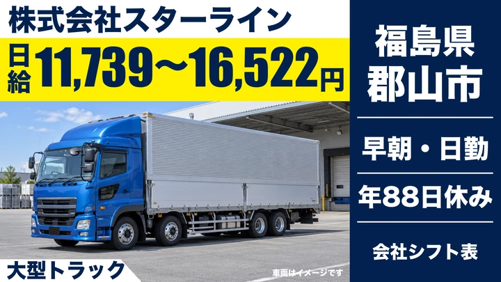 【福島県郡山市】8tトラックドライバー/日給1万1,739円〜