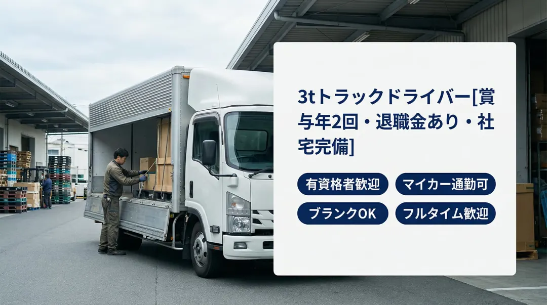 3tトラックドライバー[賞与年2回・退職金あり・社宅完備]