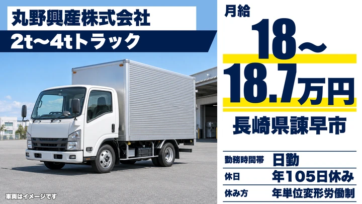 【長崎県諫早市】2tトラックドライバー／月収25.6万円~29.7万円・賞与年2回