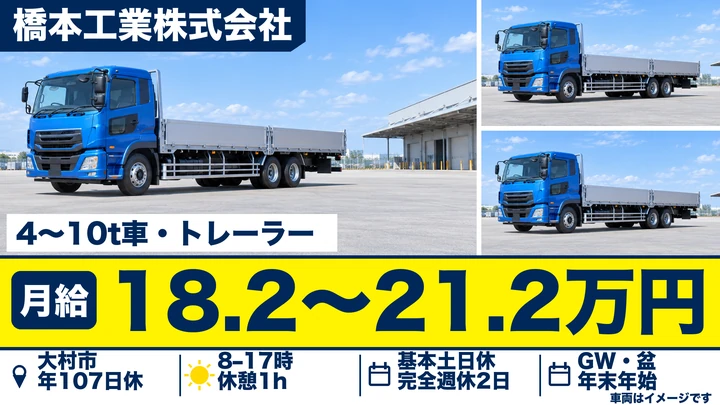 【長崎県大村市】8tトラックドライバー/月給18.2万円~21.2万円・賞与年2回