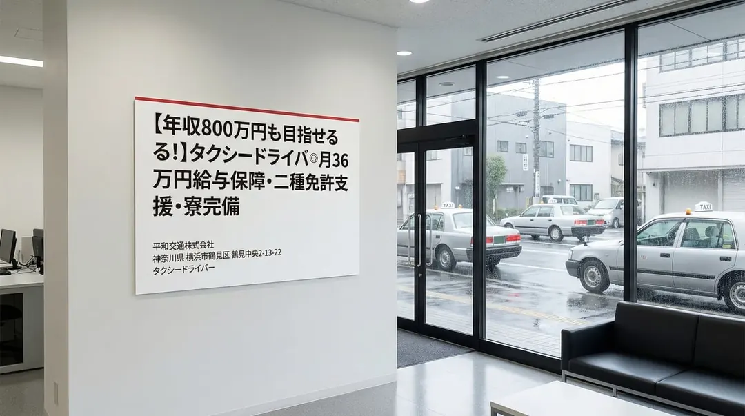 平和交通株式会社の営業所と待機中のタクシー（神奈川県横浜市鶴見区）