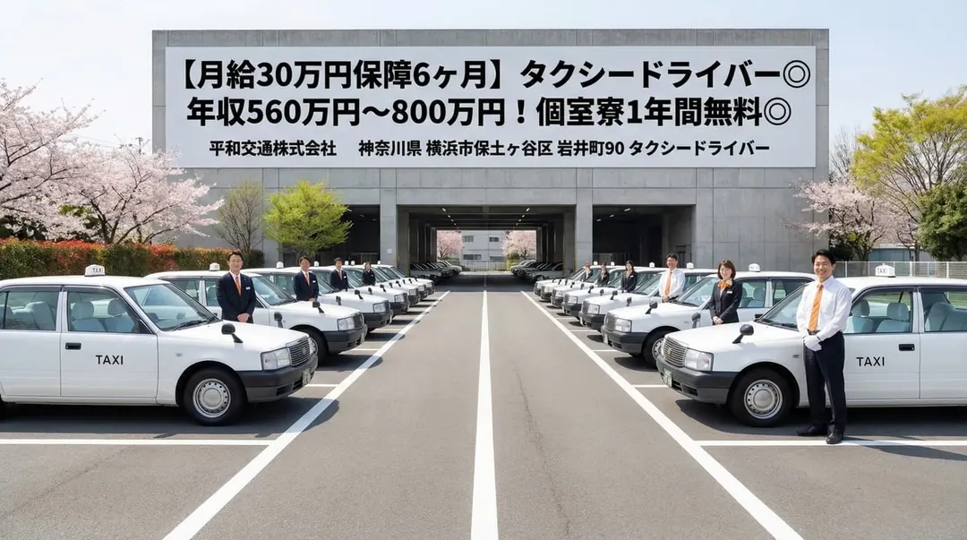 平和交通株式会社の車庫に並ぶタクシーと乗務員（神奈川県横浜市保土ケ谷区）