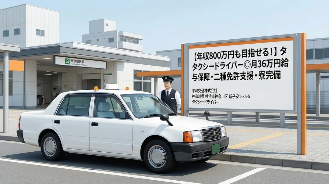 平和交通株式会社の駅前で待機するタクシーと乗務員（神奈川県横浜市神奈川区）