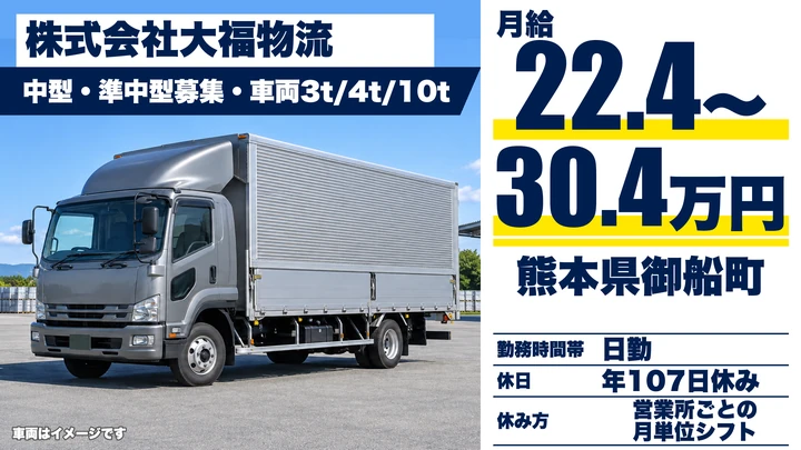 【熊本県御船町】4tトラックドライバー/月給224,580円〜304,140円