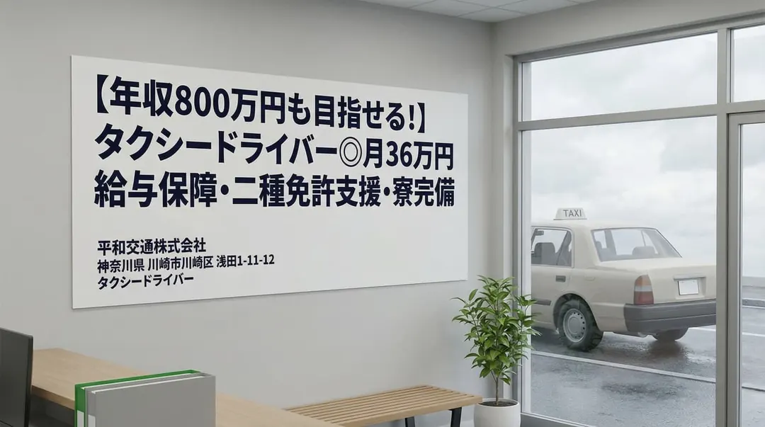 平和交通株式会社の営業所内と待機中のタクシー（神奈川県川崎市川崎区）