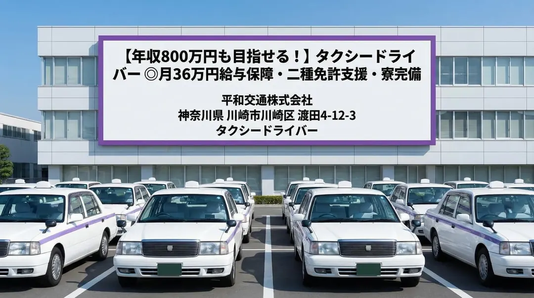 平和交通株式会社の営業所に並ぶタクシー車両（神奈川県川崎市川崎区）