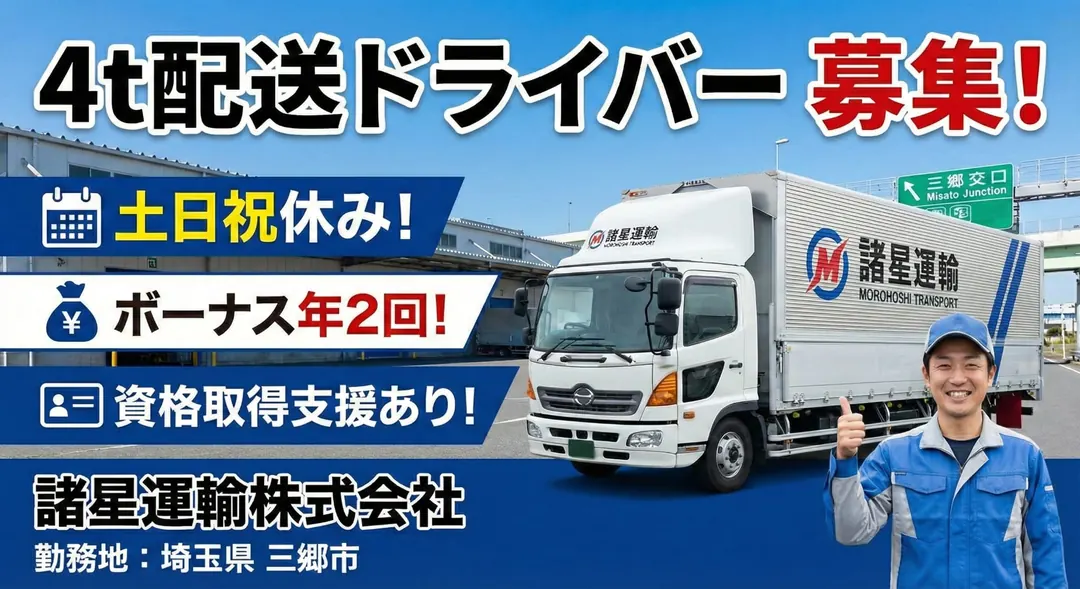 諸星運輸株式会社の中型・準中型トラックドライバー求人（埼玉県所沢市）