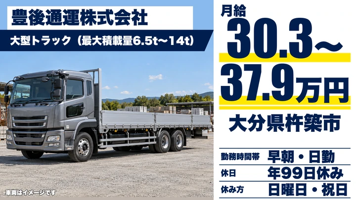 【大分県杵築市】8tトラックドライバー／月給30.4万円～37.9万円・賞与年2回