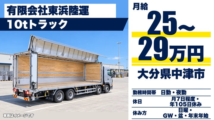 【大分県中津市】8tトラックドライバー／月給25万960円~29万960円
