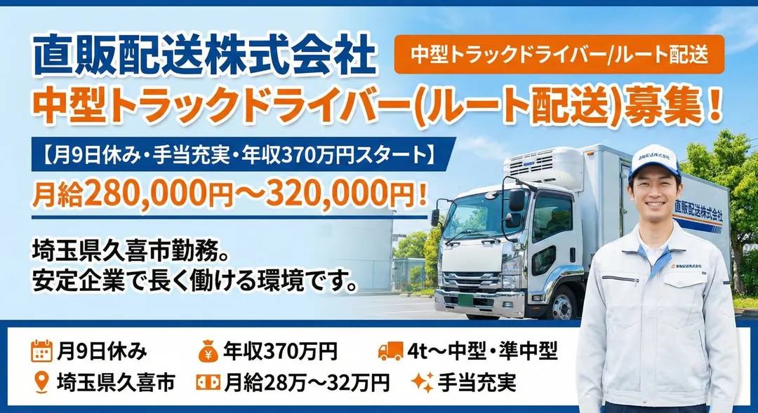 直販配送株式会社の中型・準中型トラックドライバー求人（埼玉県久喜市）
