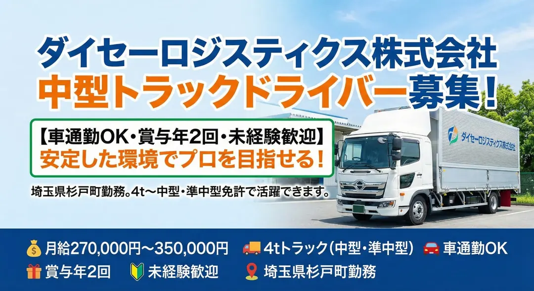 中型トラックドライバー[車通勤OK・賞与年2回・未経験歓迎]
