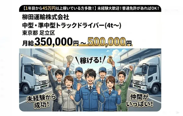 柳田運輸株式会社の中型・準中型トラックドライバー求人（東京都足立区）