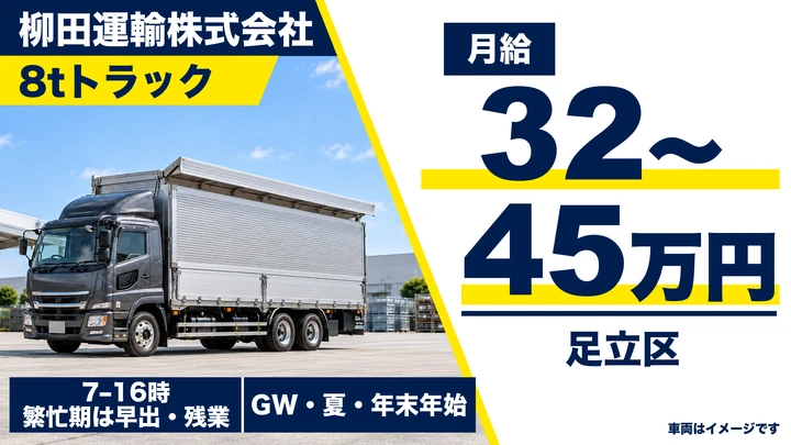 中型免許@足立区×7t8tドライバー|月45万可・賞与年2回