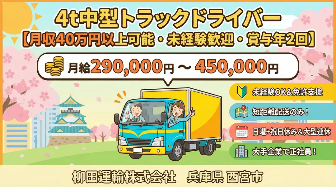 柳田運輸株式会社の中型・準中型トラックドライバー求人（兵庫県西宮市）