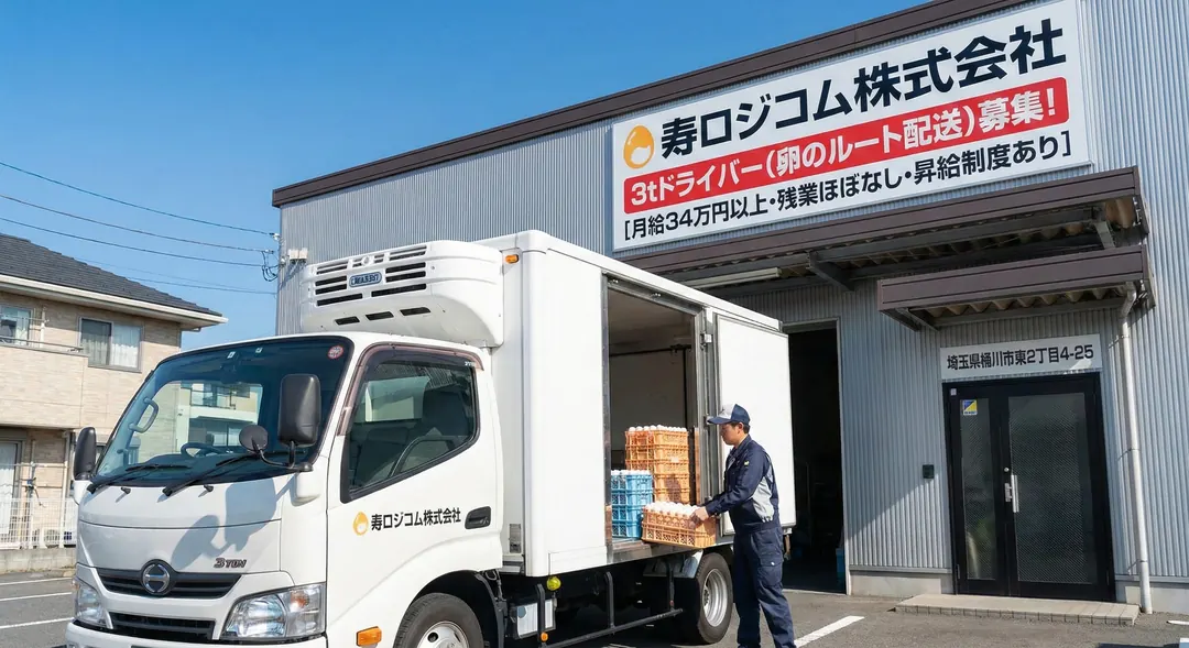 寿ロジコム株式会社の営業所で卵を積み込む3t冷蔵トラック(埼玉県桶川市)