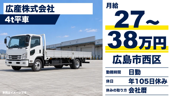 【広島県広島市西区】4t中型トラックドライバー／正社員