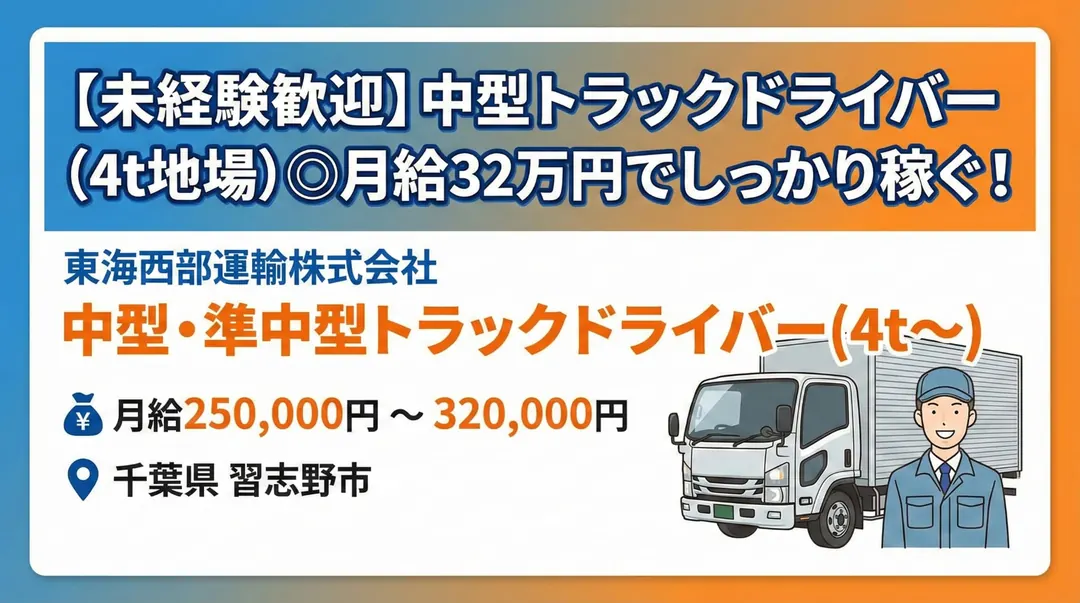 東海西部運輸株式会社の中型・準中型トラックドライバー求人（千葉県習志野市）