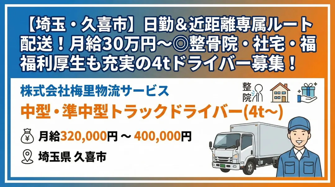 【埼玉・久喜市】日勤＆近距離専属ルート配送！月給30万円～◎整骨院・社宅・福利厚生も充実の4tドライバー募集！