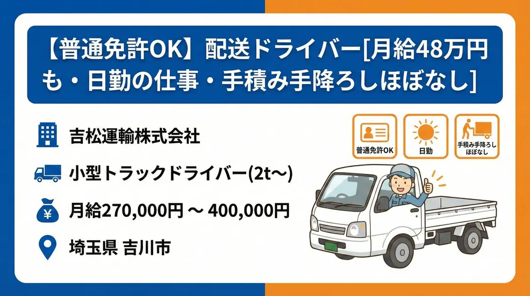 【普通免許OK】配送ドライバー[月給48万円も・日勤の仕事・手積み手降ろしほぼなし]