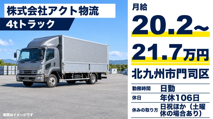 【福岡県北九州市門司区】4tトラックドライバー/九州~関西の正社員