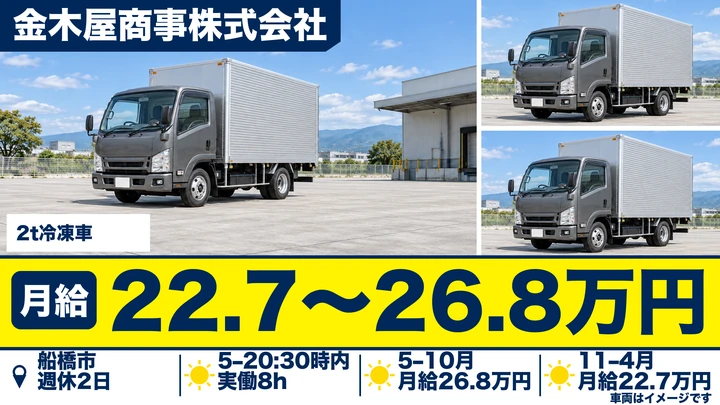 金木屋商事株式会社の2t冷凍車ドライバー求人（千葉県船橋市）