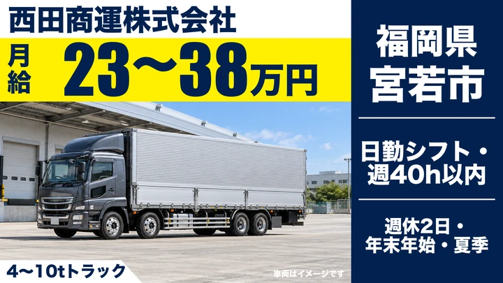 【福岡県宮若市】4t～10tトラックドライバー／正社員