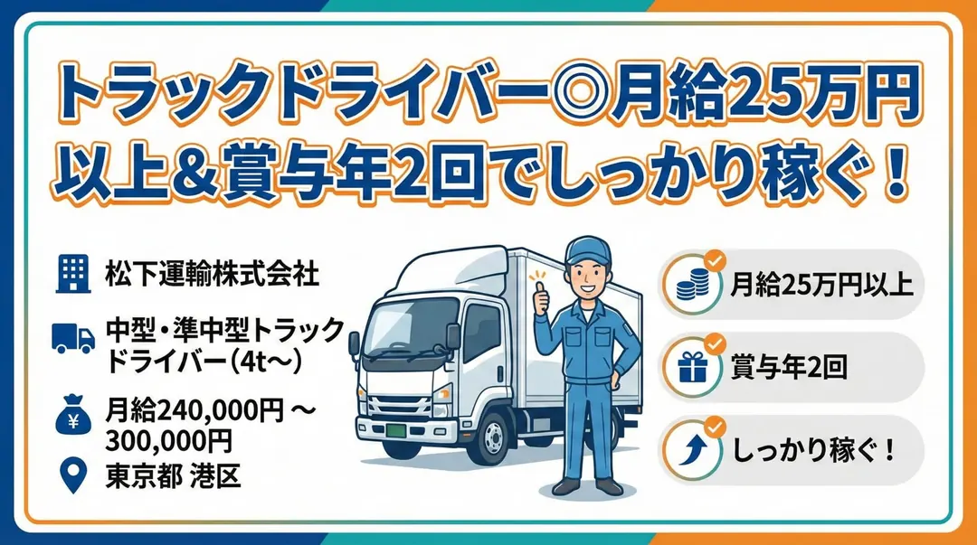 トラックドライバー◎月給25万円以上＆賞与年2回でしっかり稼ぐ！