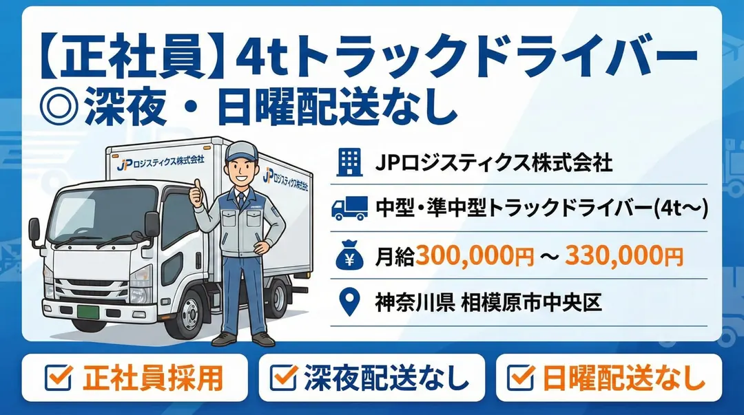 JPロジスティクス株式会社の中型・準中型トラックドライバー求人（神奈川県相模原市中央区）