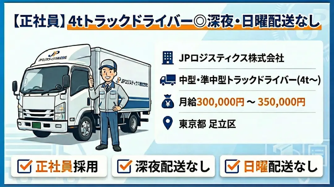 JPロジスティクス株式会社の中型・準中型トラックドライバー求人（東京都足立区）
