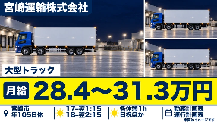 【宮崎県宮崎市】大型トラックドライバー/土日休み・月給28.4万円~