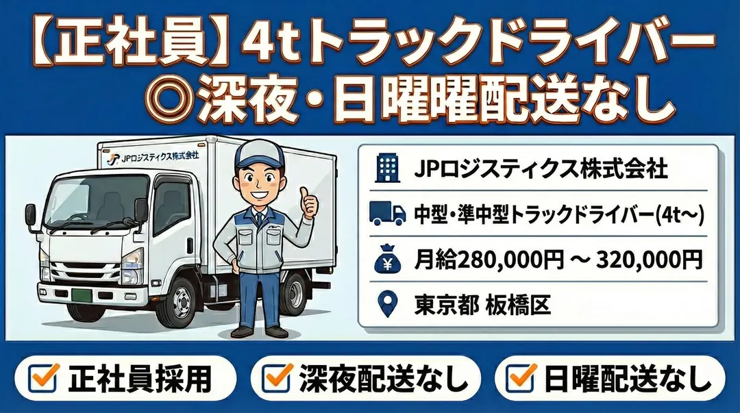 JPロジスティクス株式会社の中型・準中型トラックドライバー求人（東京都板橋区）
