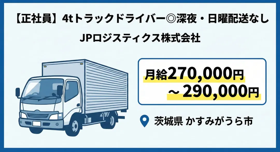 JPロジスティクス株式会社の中型・準中型トラックドライバー求人（茨城県かすみがうら市）