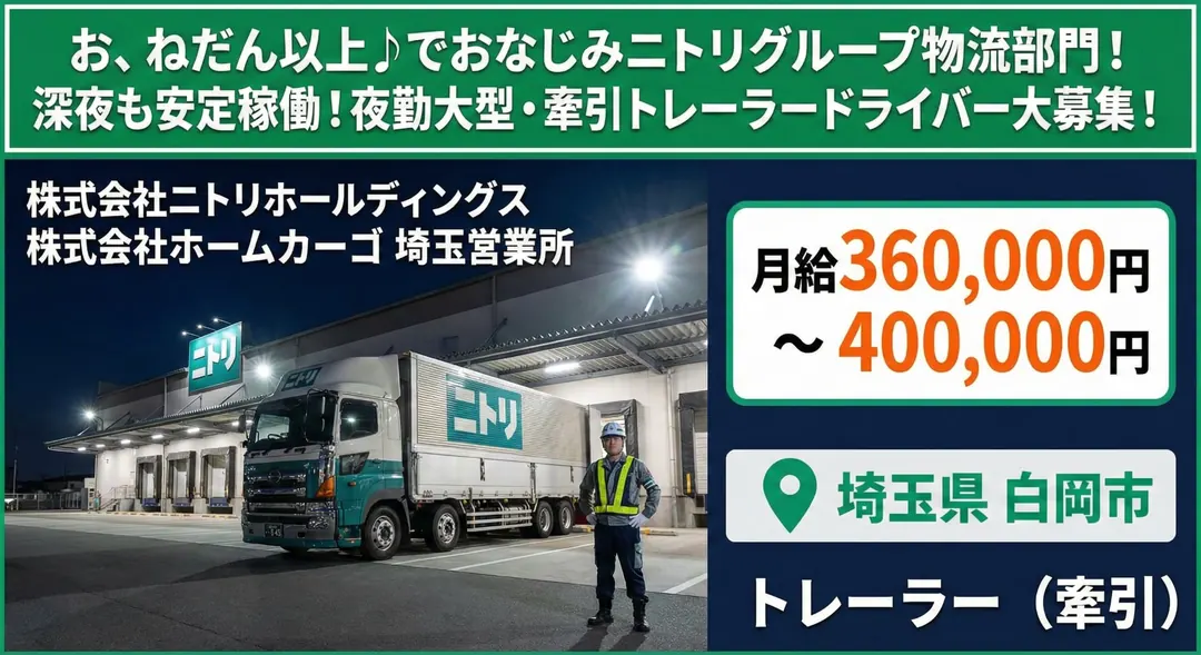 株式会社ニトリホールディングスの大型トラックドライバー求人（埼玉県白岡市）