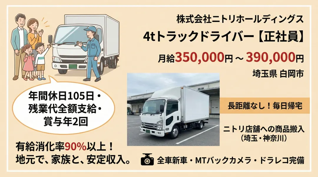 株式会社ニトリホールディングスの中型・準中型トラックドライバー求人（埼玉県白岡市）