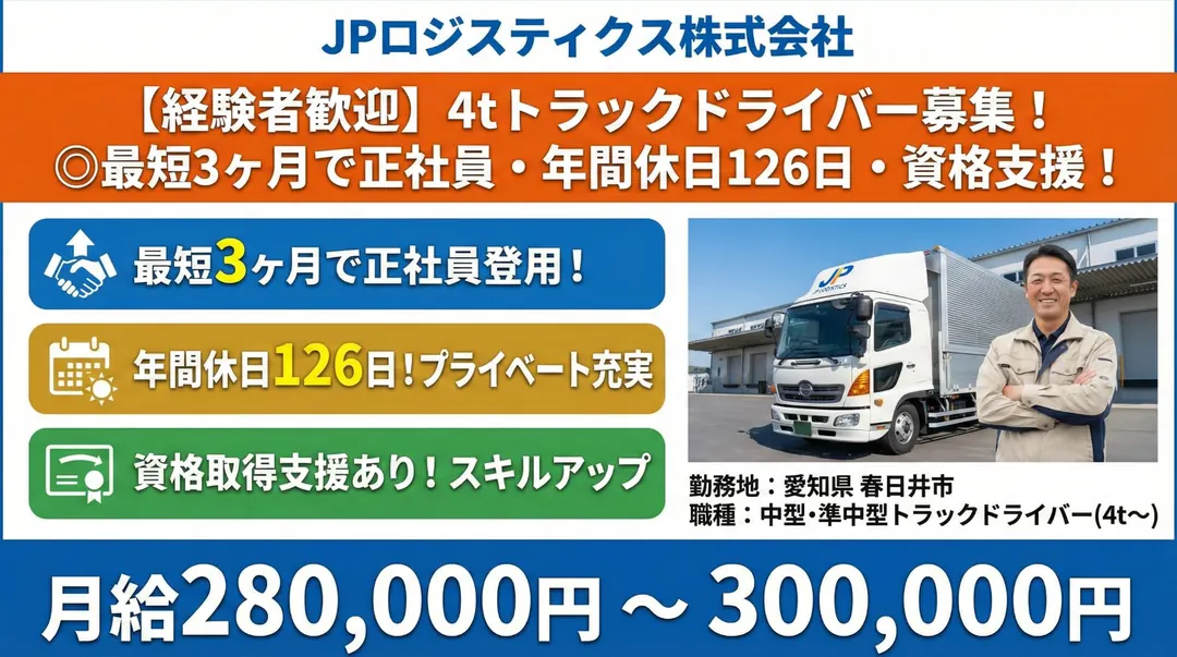 中型免許@春日井×4tトラック|月給28万以上・ 賞与年2回