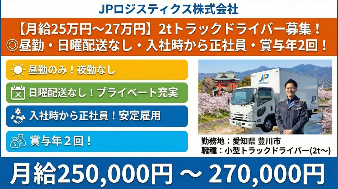 準中型@豊川市×2tトラック|月給25万以上・ 賞与年2回