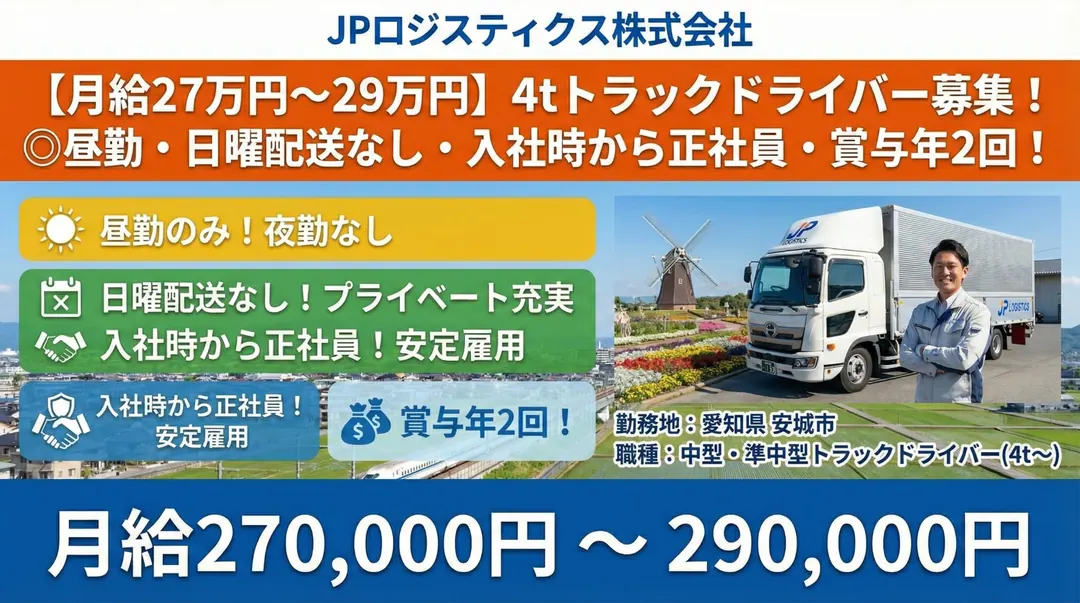中型免許@安城市×4tトラック |月給27万以上・ 賞与年2回