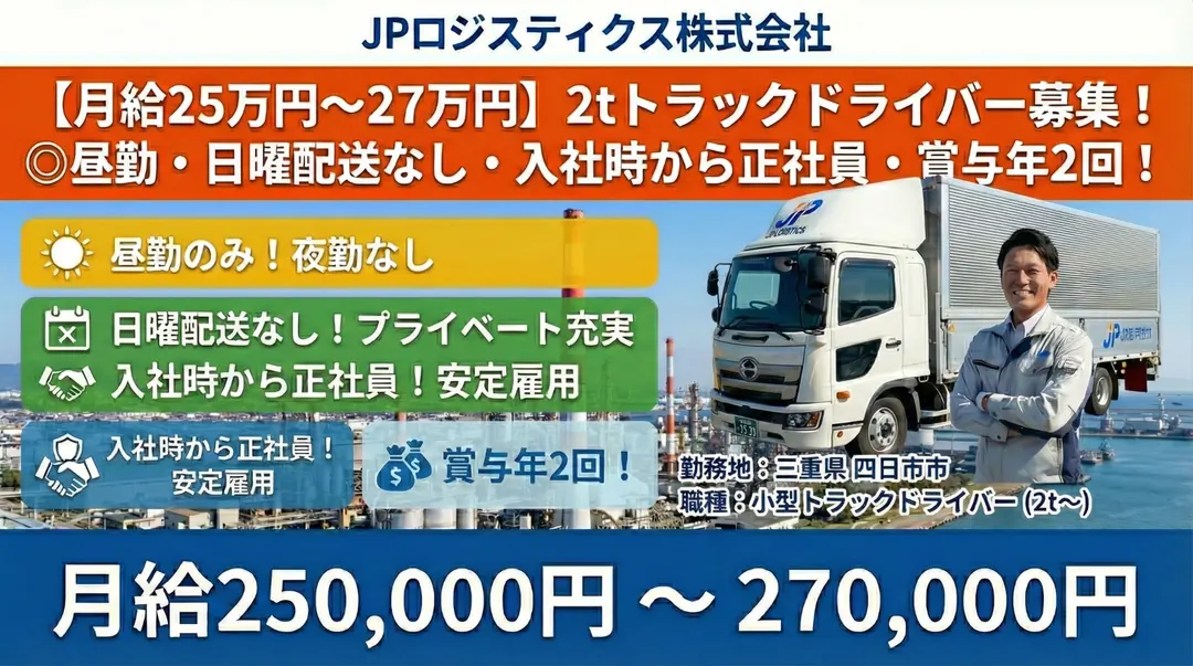 【月給25万円~27万円】2tトラックドライバー◎昼勤・日曜配送なし・入社時から正社員・賞与年2回!