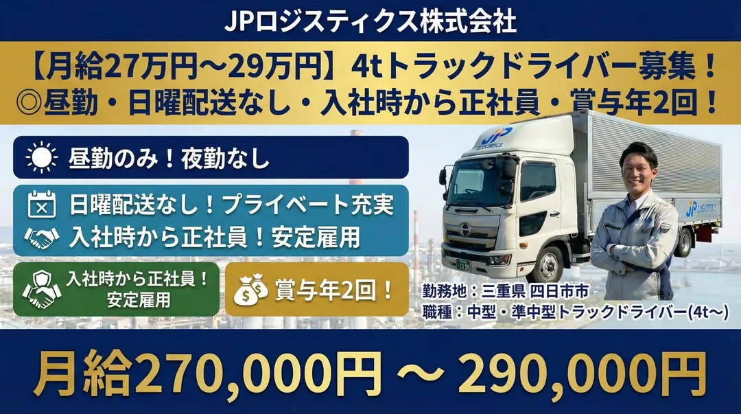 JPロジスティクス株式会社の中型・準中型トラックドライバー求人（三重県四日市市）
