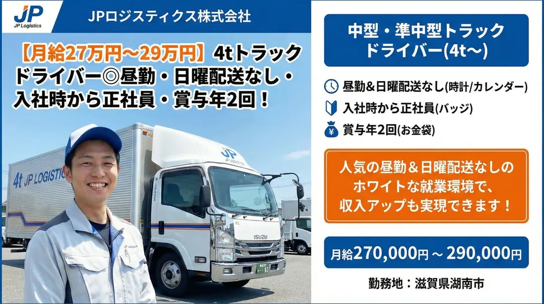 JPロジスティクス株式会社の中型・準中型トラックドライバー求人(滋賀県湖南市)