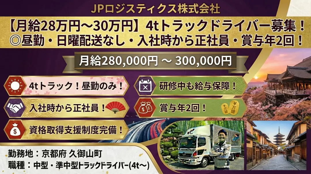 JPロジスティクス株式会社の中型・準中型トラックドライバー求人(京都府久御山町)