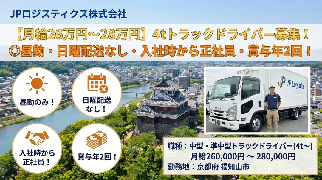 JPロジスティクス株式会社の中型・準中型トラックドライバー求人(京都府福知山市)