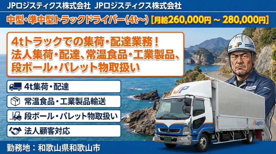 JPロジスティクス株式会社の中型・準中型トラックドライバー求人（和歌山県和歌山市）