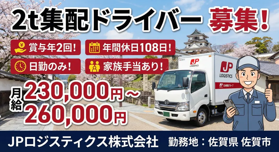 2t集配ドライバー[賞与年2回・年間休日108日・日勤のみ・家族手当あり]